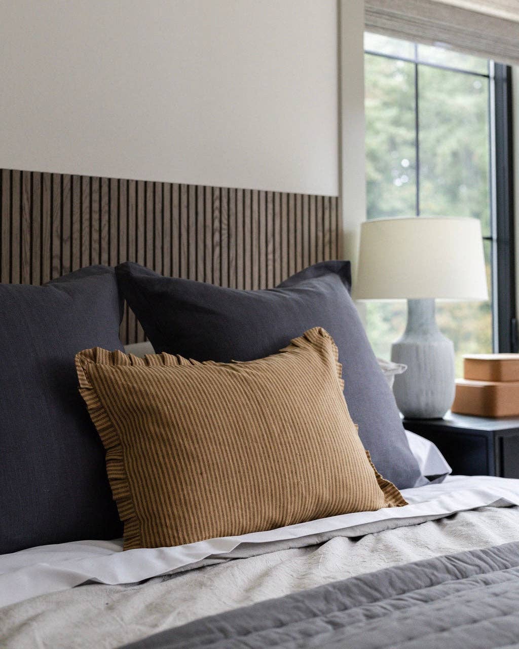 Linen & James - Wholesale Throw Pillow Cover - Foster | Brown Tan Pleated Ruffle Linen Stripe Pillow Cover11