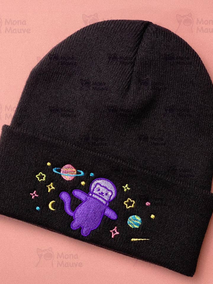Cute Space Cat Embroidered Beanie | Black Knit Winter Hat for wholesale by Mona Mauve • Silly Art!