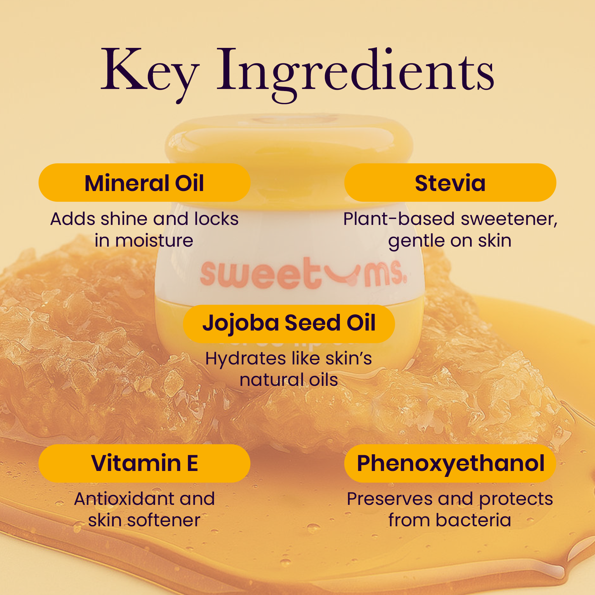 Sweetums – Bálsamo labial por atacado – Gloss Labial Sabor Mel Óleo de Jojoba Vegan Beleza de São Valentim5