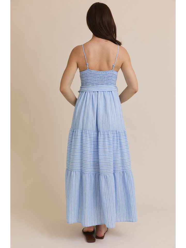 S.P.G STRAP WAIST TIE TIRED STRIPE MAXI DRESS for wholesale on Faire