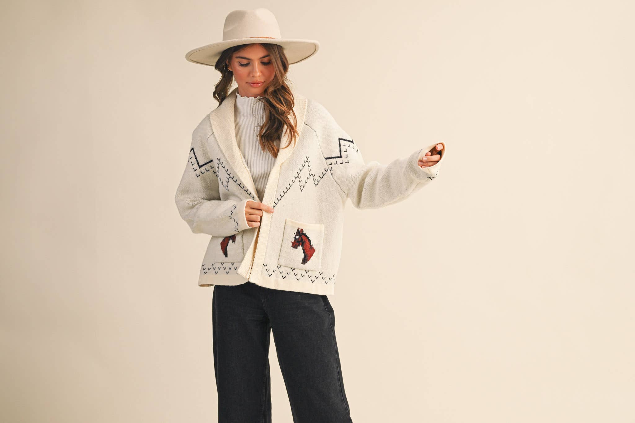 &MERCI - Wholesale Cardigan - Women's - HORSE KNIT SWEATER CARDIGAN MSW1080731