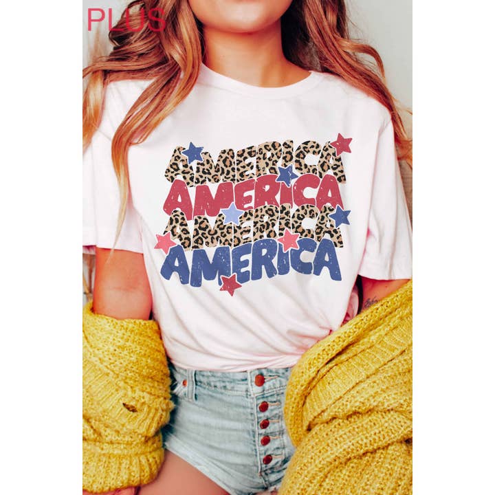 BLUME & CO. - Wholesale T-Shirt (Graphic) - Women's - LEOPARD AMERICA REPEAT Plus Size Graphic Tee