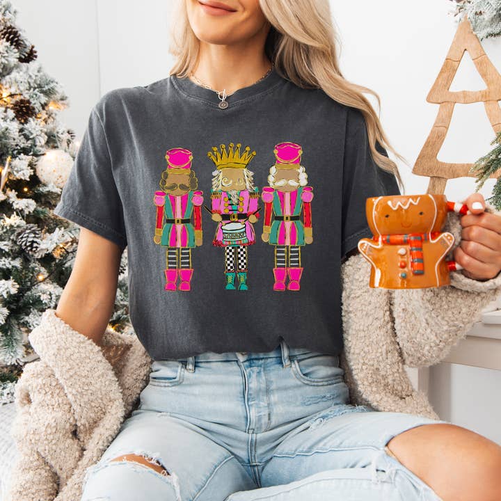 Christmas Pink Nutcrackers Adult Graphic Tee for wholesale by Painted Skies