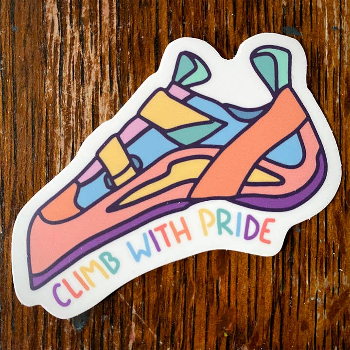 Climb With Pride Climbing Shoe Waterproof Vinyl Sticker for wholesale by MP Mountainworks