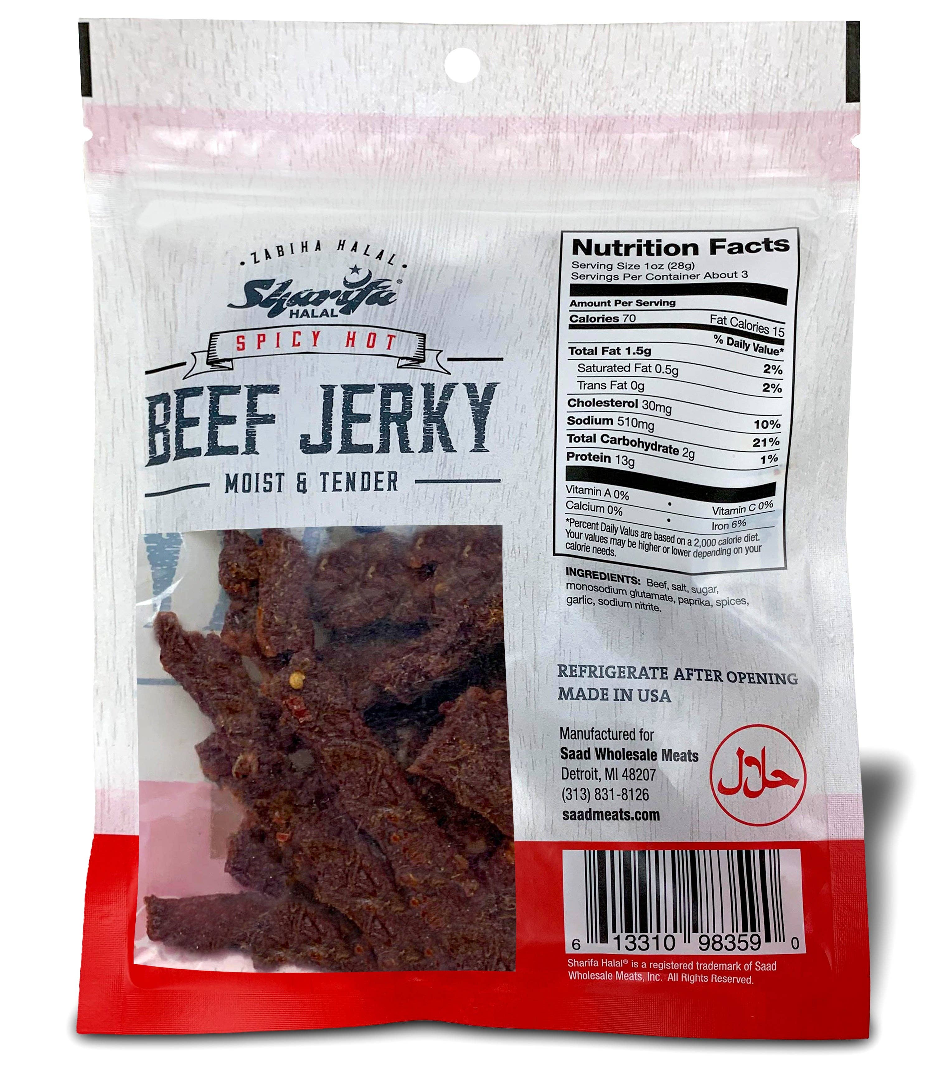 Sharifa Halal Snacks - Wholesale Jerky - Sharifa Halal Beef Jerky, Spicy Hot, 2.85 oz. per bag1