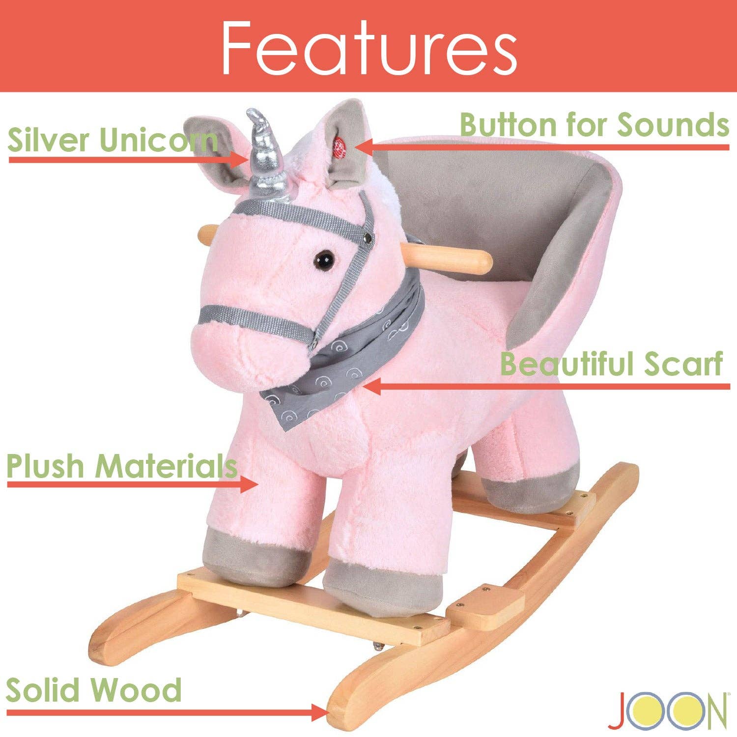 ShopBobbys - Wholesale Rocking Horse - Kids - JOON Luna Ride-On Rocking Horse Unicorn With Sound Effects, Pink-Grey4
