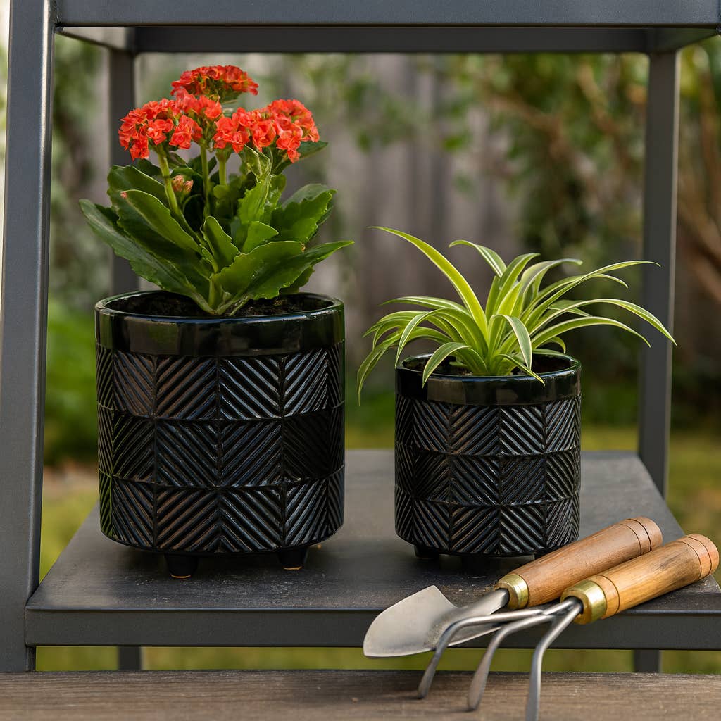Sagebrook Home - Wholesale Plant Pot - Planters Set of 2 - Black Ceramic Round Textured, 6/8 in.1