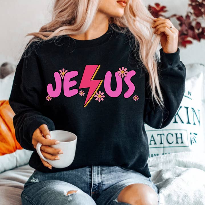 (Shirt not included) JESUS with lightning & flowers - Clear Film Transfer for wholesale by TEELUX