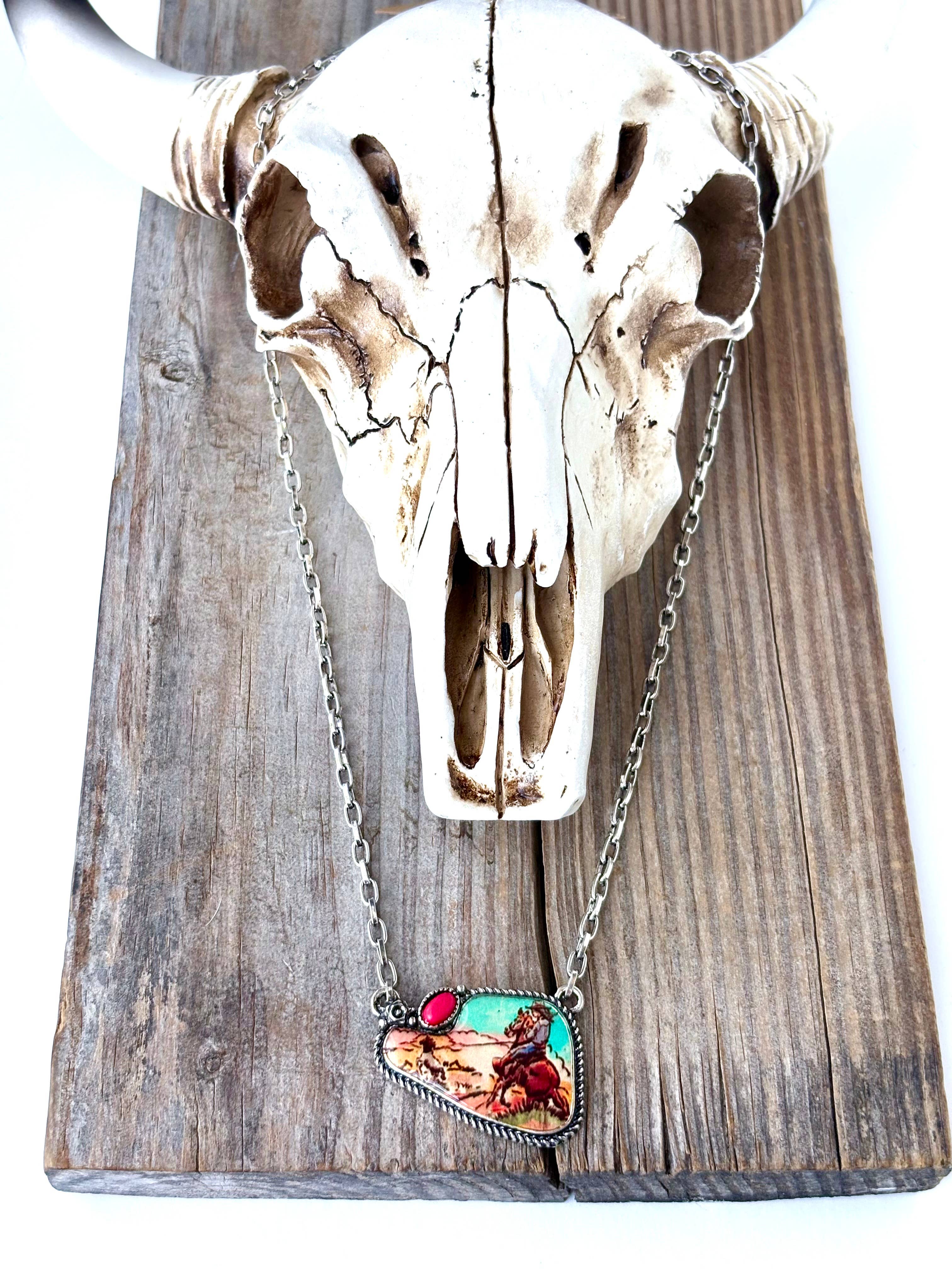 Boho Ranch Shop - Wholesale Pendant/Charm Necklace - Western Rodeo Scenery with Stone Pendant Necklace6