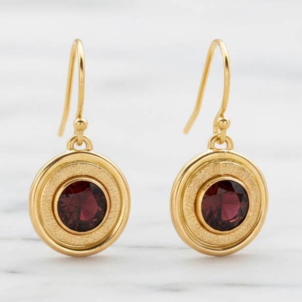 Textured Halo Garnet Earrings for wholesale by J + I Jewelry