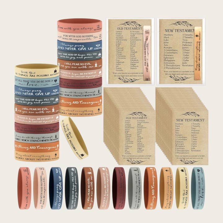 Ensembles de bracelets en caoutchouc avec versets bibliques et cartes de prière pour la vente par Ella Blue