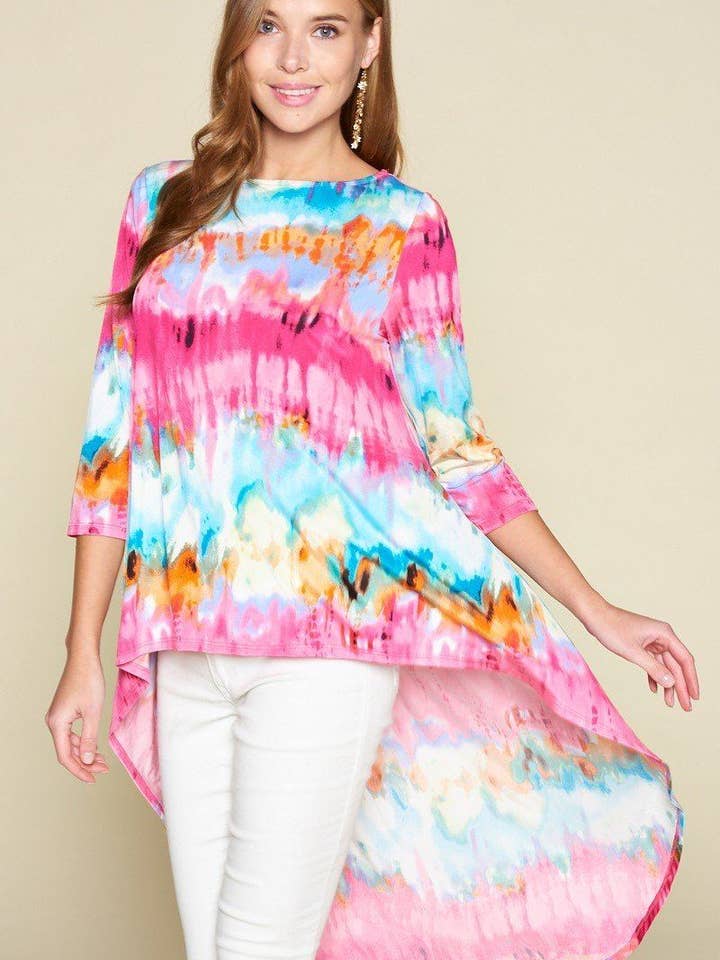 Tie-dye Venechia High Low Fashion Top With 3/4 Sleeves for wholesale by Fashion Quality Boutik