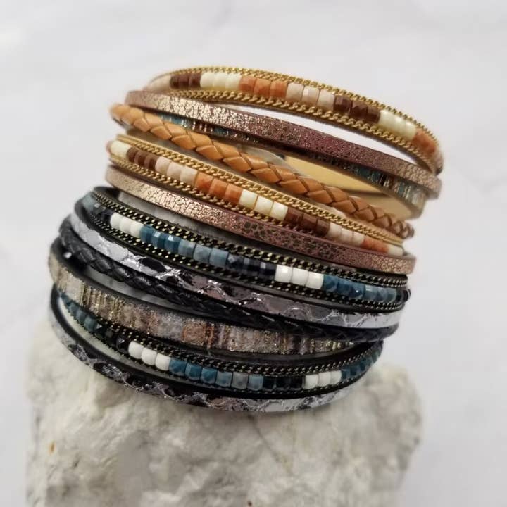 The Pretty Jewellery - Wholesale Beaded Bracelet - Boho Beaded Leather Wrap Magnetic Bracelet3