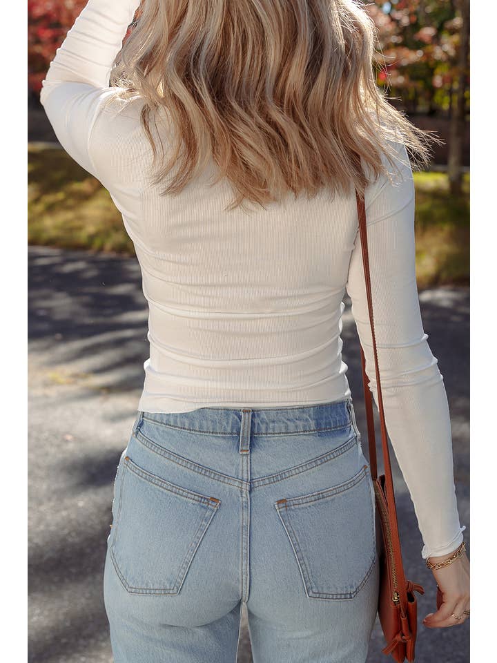 White Exposed Seam Ribbed Knit Slim Fit Long Sleeve Top for wholesale on Faire1