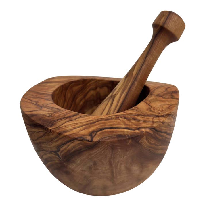 Mortar with wavy pestle made of olive wood for wholesale by medina mood