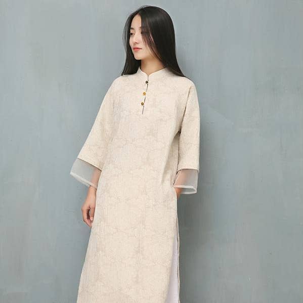 Ao Dai en coton ramie à empiècements Jacquard pour la vente par UZ Wholesale Store