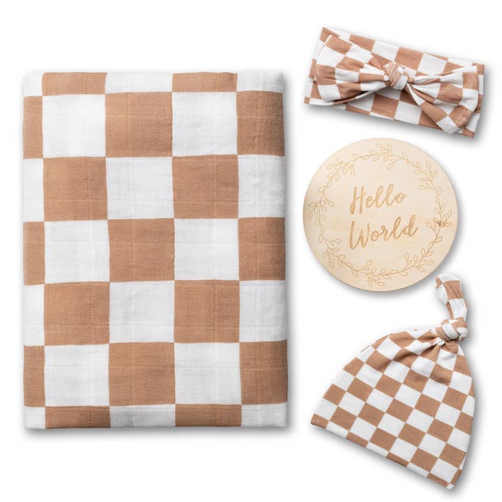Miaoberry - Wholesale Swaddle Set - Baby - Organic Muslin Swaddle Set with Matching Beanie and Bow, Checkered Latte