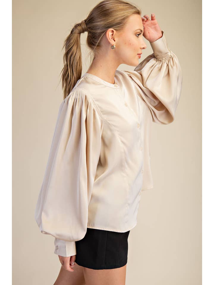 Glam - Wholesale Blouse - Women's - Round Neck Button Down Puff Long Sleeve Satin Top17