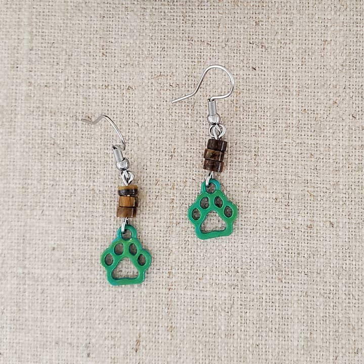 Brass Paint Patina Paw with Tiger Eye Stainless Earrings for wholesale by Covaly Artisan Jewelry