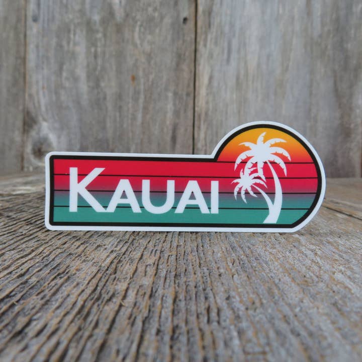 Kauai Sticker Hawaii Sunset Palm Tree Retro Destination Souvenir Travel Sticker for wholesale by Kirk's Krafts