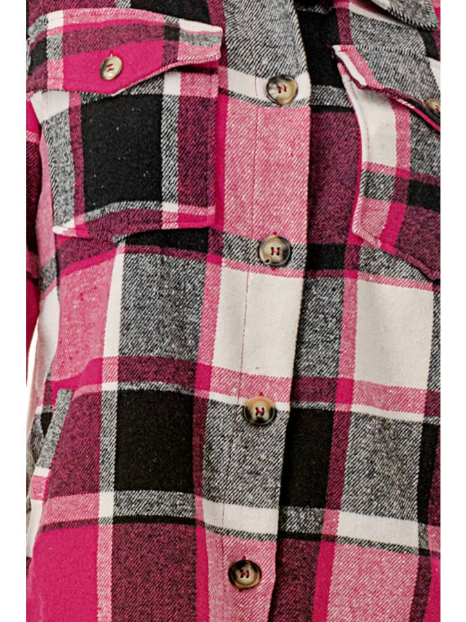 Color 5 - Vendita all'ingrosso Giacca a camicia - Donna - Giacca lunga in flanella scozzese rosa bianca con tasche5