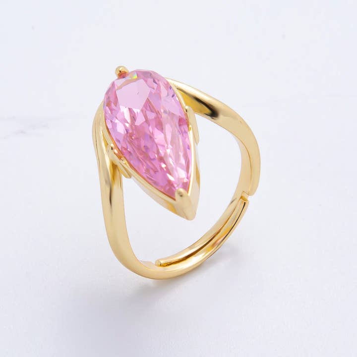 18K Guld Fyldt Pink, Klar Dråbeformet Pæreformet Solitaire Buet Justerbar Ring | O-2208 for engroshandel hos Aim Eternal