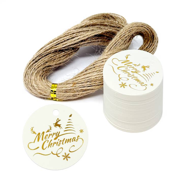 Wrapables Round Gold Foil Xmas Gift Tags with String 100pc for wholesale by Wrapables.com