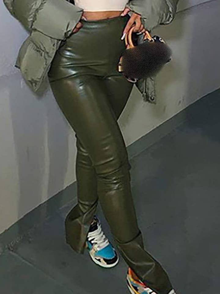 Flarix - Wholesale Pants - Women's - high waist pu leather slit bootcut pants