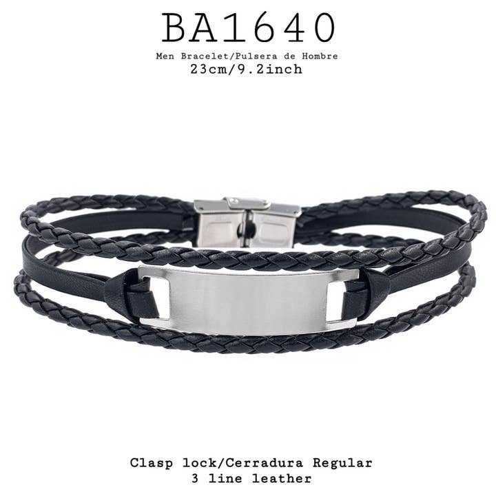 Bracelete de couro sintético masculino de 23 cm/9,2 polegadas S. Aço Preto por atacado de Nisso & Co. NYC Jewelry Wholesale