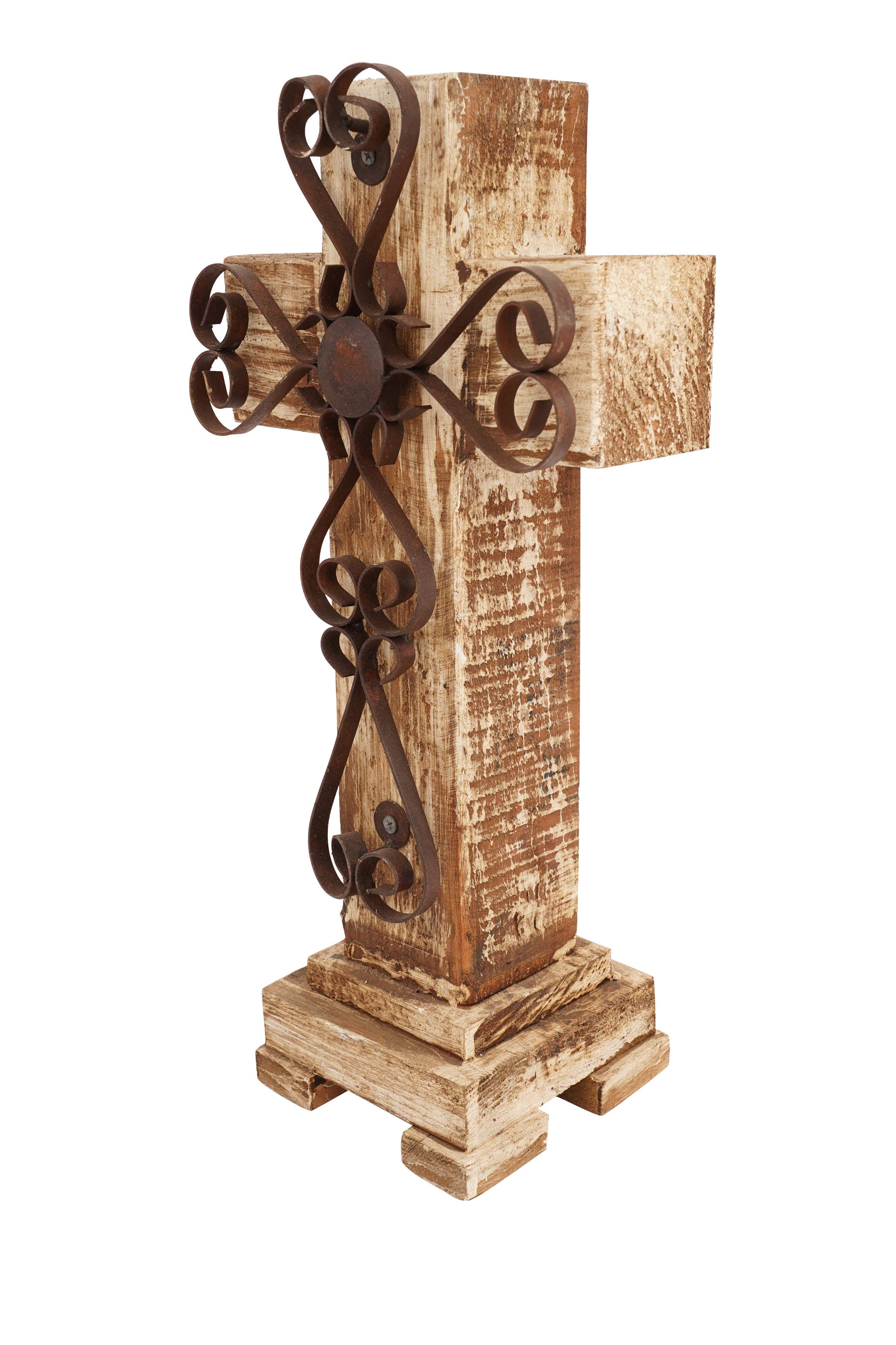 My Amigos Imports - Wholesale Decorative Tabletop Object - Laredo Pedestal Wood Cross-Farmhouse-Wood & Iron-8x17Hx4D1