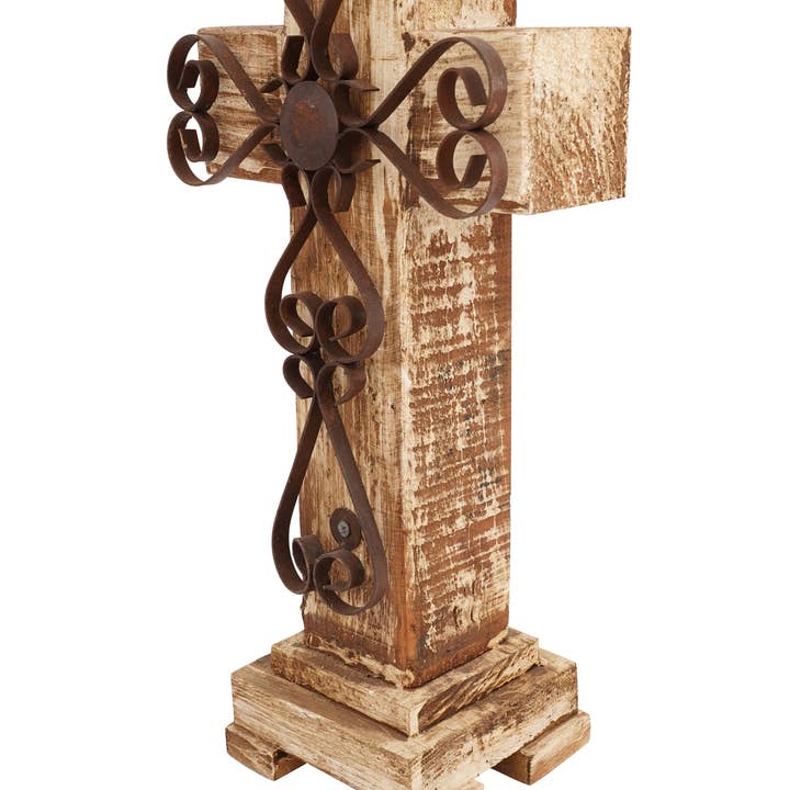 My Amigos Imports - Wholesale Decorative Tabletop Object - Laredo Pedestal Wood Cross-Farmhouse-Wood & Iron-8x17Hx4D1