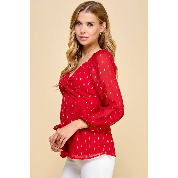 RED GOLD FOIL DOT CHIFFON LONG SLEEVE TWIST BODICE TOP T8262110F for wholesale on Faire