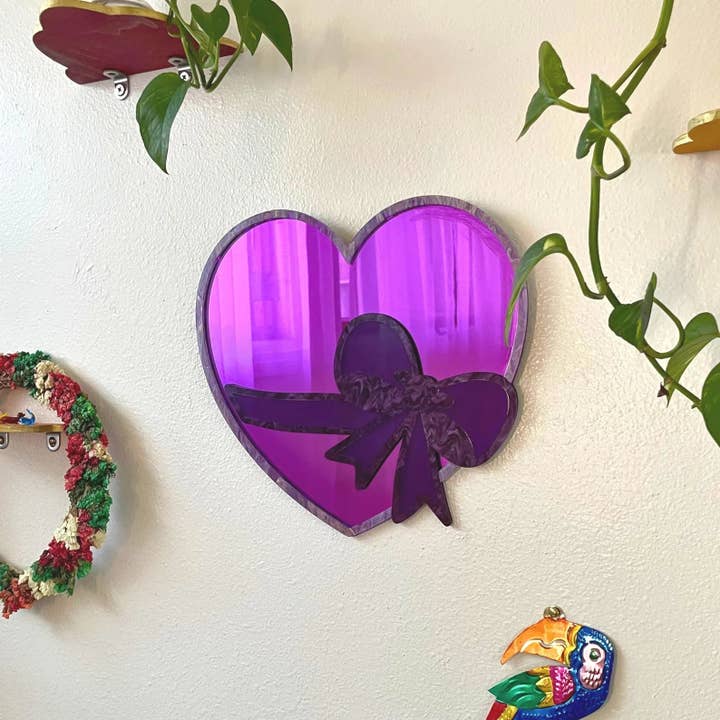 Handmade Purple Heart Acrylic Mirror - Pop Art Bow Wall Decor for wholesale by MirrorPop