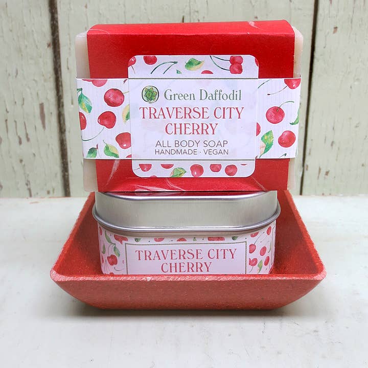 Green Daffodil Bath & Body - Wholesale Bath & Body Set - Traverse City Cherry Candle & Soap Dish Kit - Michigan Gift1
