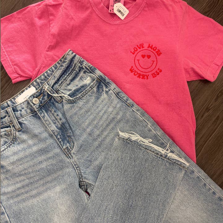 Love More Worry Less Embroidered Tee for wholesale by West Anna Designs