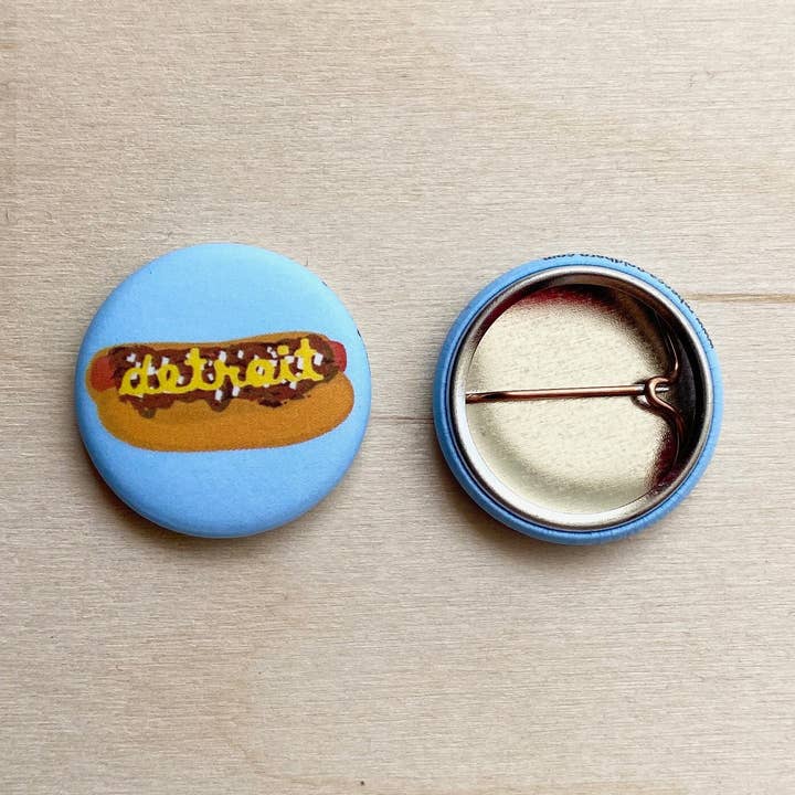 Detroit Coney Dog Pinback Button - Pure Michigan, Souvenir for wholesale by Designs by Rebecca Goldberg