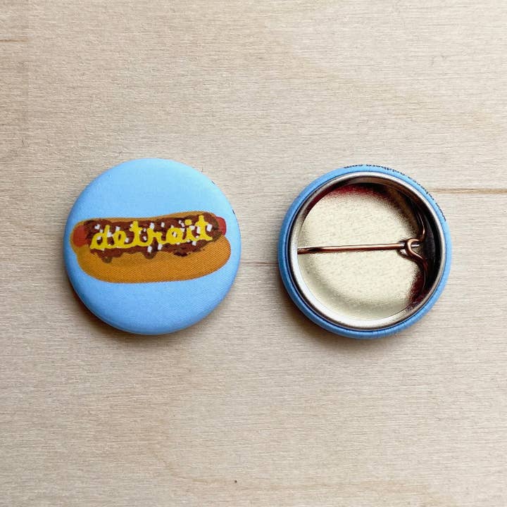 Detroit Coney Dog Pinback Button - Pure Michigan, Souvenir for wholesale by Designs by Rebecca Goldberg