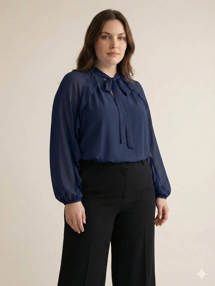 Taglia Grande - Blusa fluida con maniche a sbuffo per la vendita all'ingrosso da parte di C'MELODIE