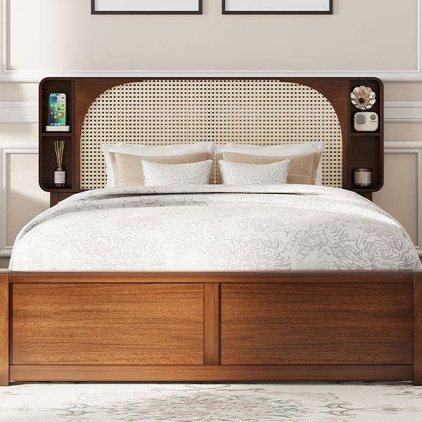 HOMYCASA DESIGN INC - Wholesale Bed - Queen Size Rattan Headboard Bed with Two Drawers and Trundle, Walnut15