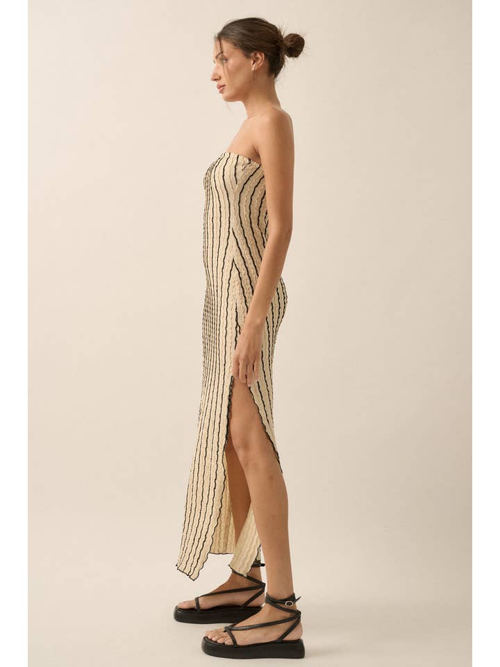 NATUREL Robe longue tube sans bretelles en maille à rayures texturées en vente sur Faire7