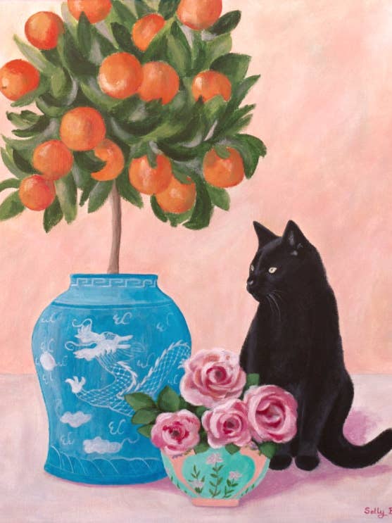 Affiche d'art chinoiserie avec chat noir, vase bleu et blanc, et oranger pour la vente par Sally B