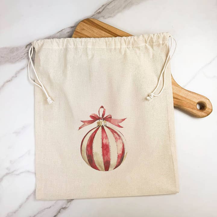 Indigo Tangerine - Wholesale Gift bag - Red and White Stripe Ornament - Customizable Cotton Cinch Bag