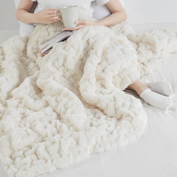 Olliix - Wholesale Throw Blanket - Soft Warm Ruched 50x60" Throw Blanket, Ivory