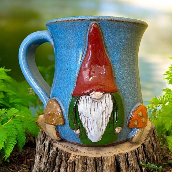 Gnome with Mushrooms Mug for wholesale by MudWorks Pottery