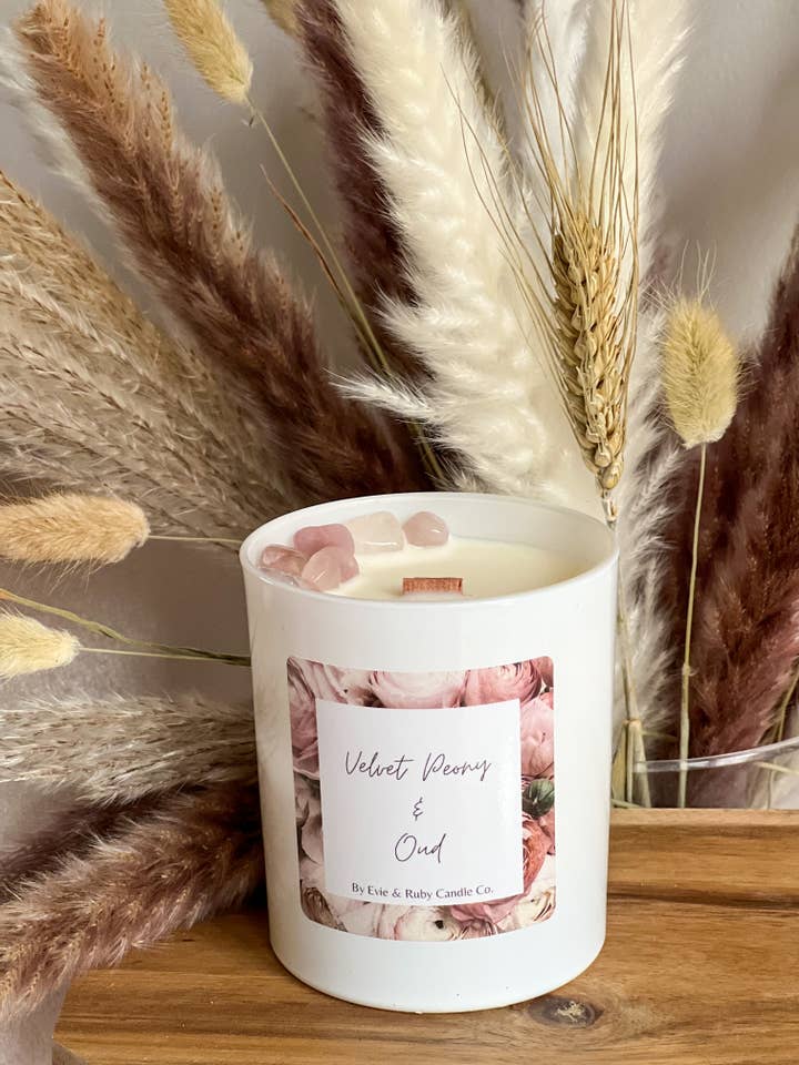 Velvet Peony & Oud Soy wax candle with Rose quartz gem stone for wholesale by Evie & Ruby Candle Co