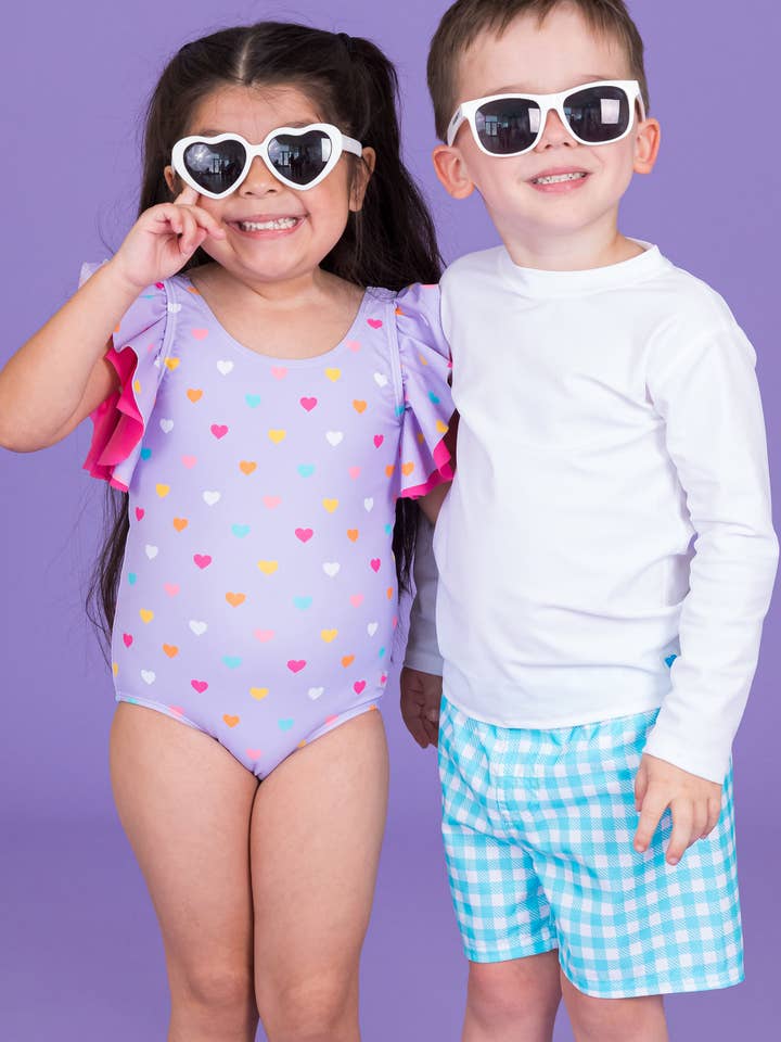 Lila Flickor Lavendel Färgglada Hjärtan Fjärilsärm Baddräkt i Ett Stycke för wholesale på Faire5