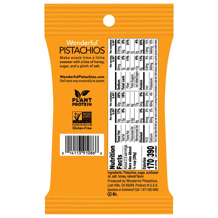 Wonderful Pistachios - Wholesale Nuts - Wonderful Pistachios No Shells Honey Roasted 2.25oz (8pk)2