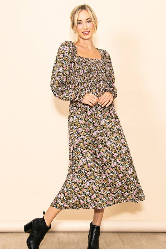 Elloh Collection – wholesale Dress – Women's – On Off Shoulder Long Sleeve Wide Flare Floral Midi Dress6