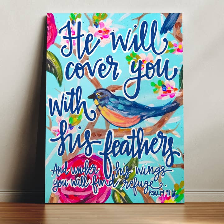 Él te cubrirá Lienzo Impreso - Pintura de Arte Religioso Cristiano de los Salmos para venta al por mayor de Audra Style