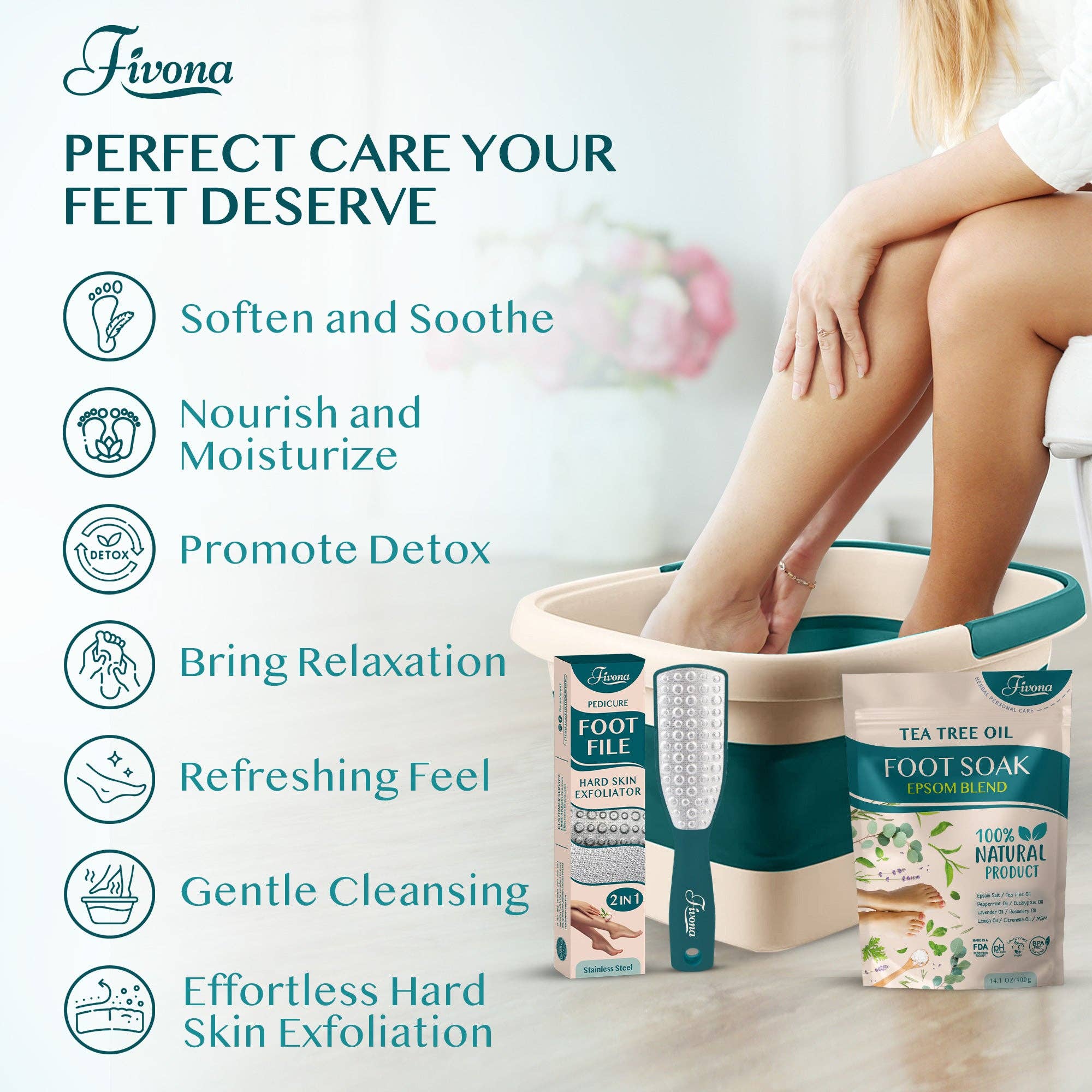 FIVONA - Wholesale Foot Scrub/Polish - Epsom Salt Foot Soak Care Kit 3 in 1 Natural SPA Set4